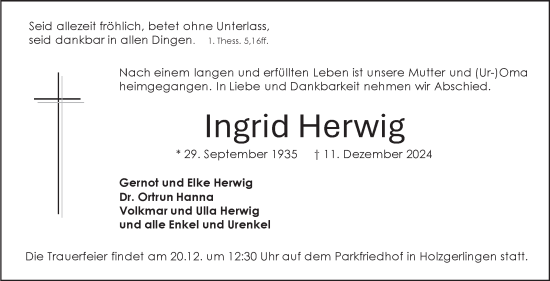 Traueranzeige von Ingrid Herwig von Kreiszeitung Böblinger Bote