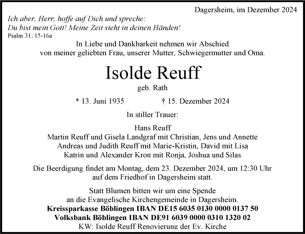  Traueranzeige für Isolde Reuff vom 20.12.2024 aus Kreiszeitung Böblinger Bote