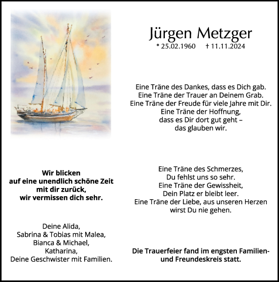 Traueranzeige von Jürgen Metzger von Kreiszeitung Böblinger Bote