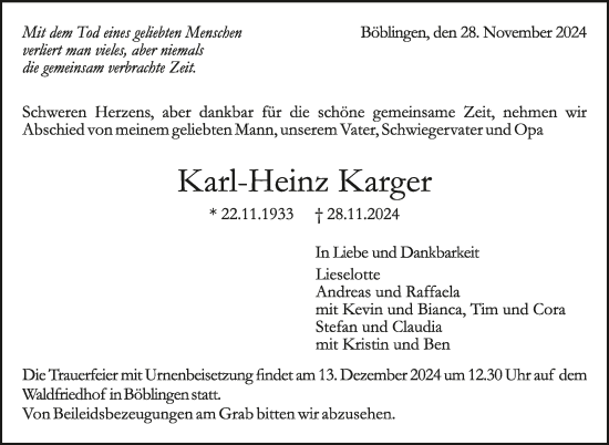 Traueranzeige von Karl-Heinz Karger von Kreiszeitung Böblinger Bote