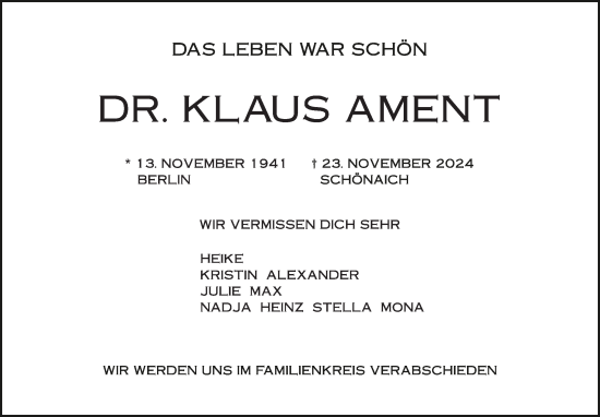 Traueranzeige von Klaus Ament von Kreiszeitung Böblinger Bote