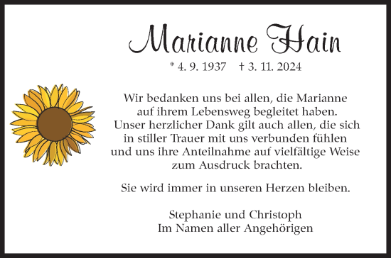 Traueranzeige von Marianne Hain von Kreiszeitung Böblinger Bote