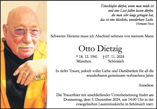 Traueranzeige von Otto Dietzig von Kreiszeitung Böblinger Bote