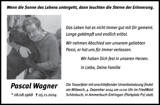 Traueranzeige von Pascal Wagner von Kreiszeitung Böblinger Bote