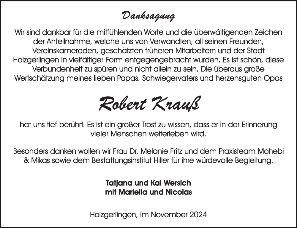  Traueranzeige für Robert Krauß vom 30.11.2024 aus Kreiszeitung Böblinger Bote