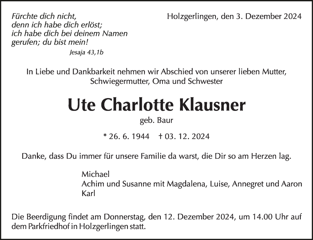 Traueranzeige für Ute Charlotte Klausner vom 11.12.2024 aus Kreiszeitung Böblinger Bote