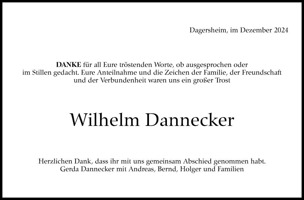  Traueranzeige für Wilhelm Dannecker vom 23.12.2024 aus Kreiszeitung Böblinger Bote