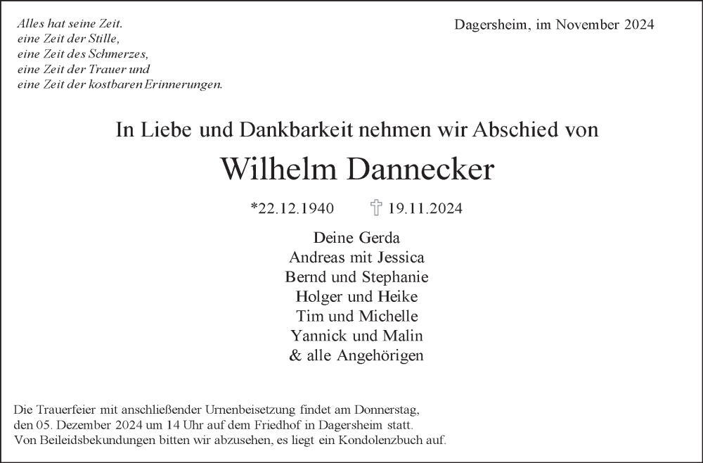  Traueranzeige für Wilhelm Dannecker vom 02.12.2024 aus Kreiszeitung Böblinger Bote