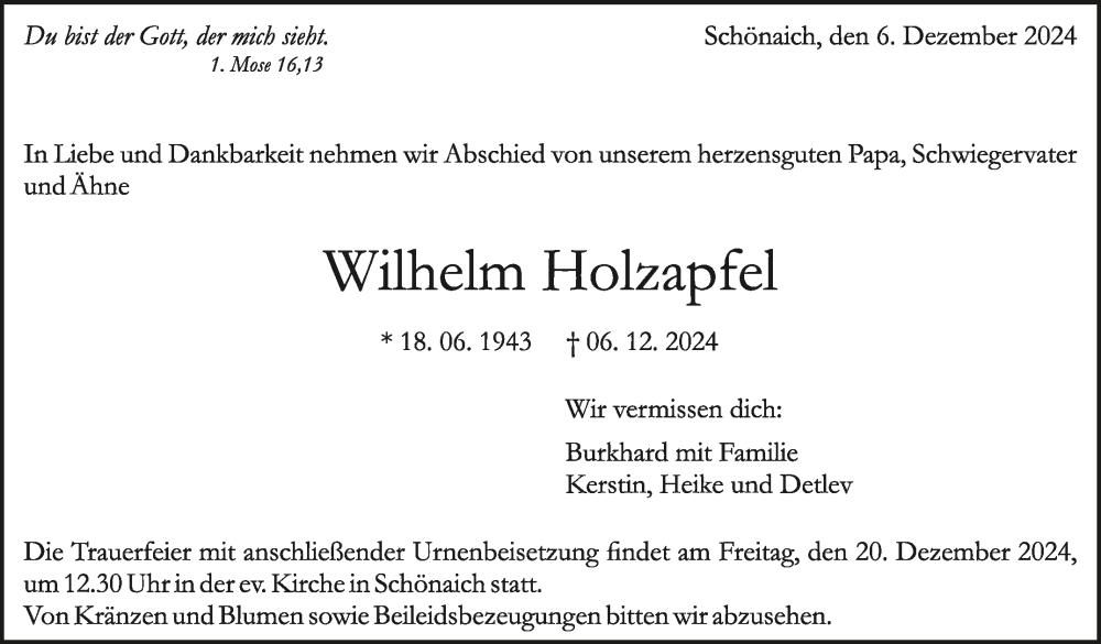  Traueranzeige für Wilhelm Holzapfel vom 13.12.2024 aus Kreiszeitung Böblinger Bote