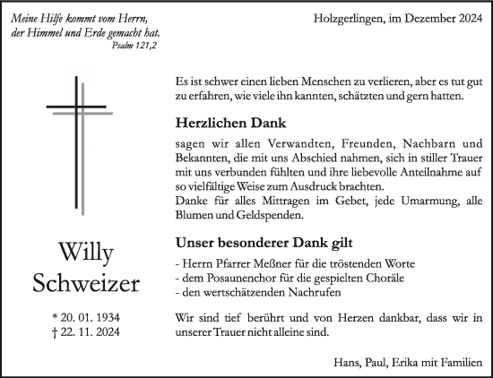 Traueranzeige von Willy Schweizer von Kreiszeitung Böblinger Bote