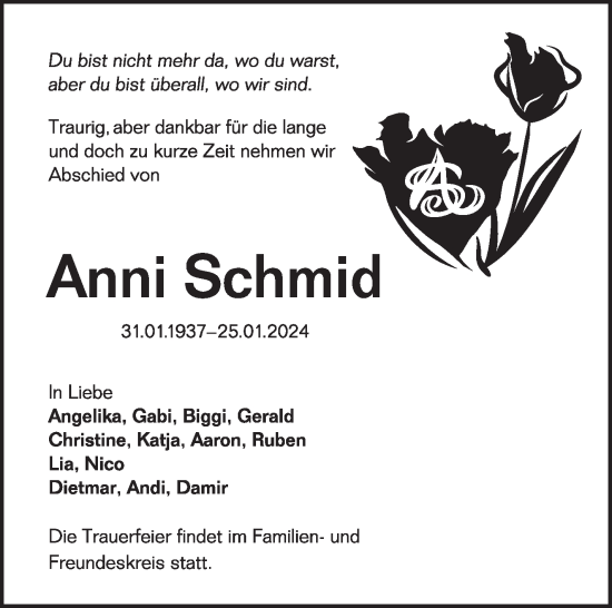 Traueranzeige von Anni Schmid von Kreiszeitung Böblinger Bote