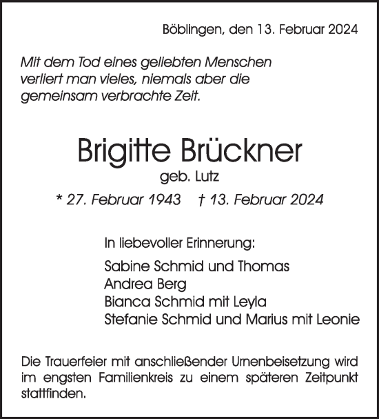 Traueranzeige von Brigitte Brückner von Kreiszeitung Böblinger Bote
