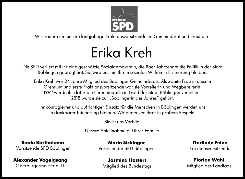  Traueranzeige für Erika Kreh vom 06.02.2024 aus Kreiszeitung Böblinger Bote