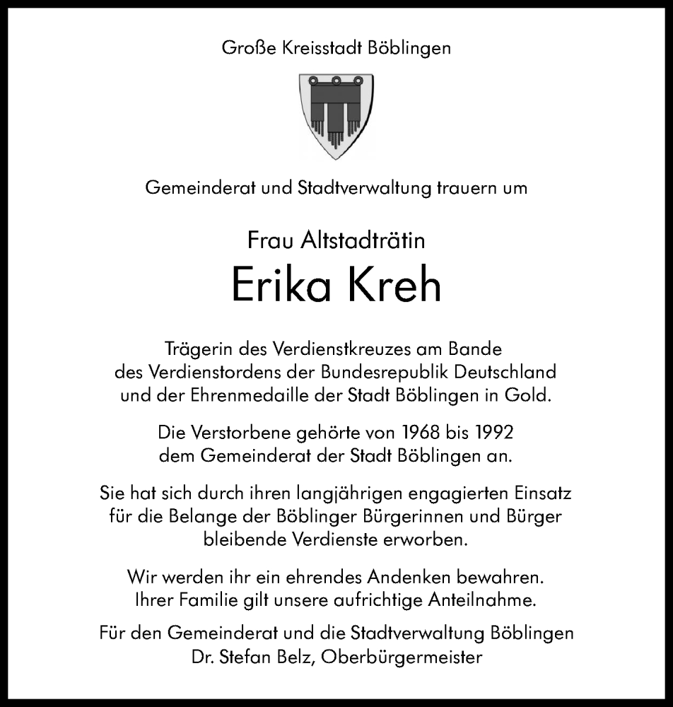  Traueranzeige für Erika Kreh vom 08.02.2024 aus Kreiszeitung Böblinger Bote