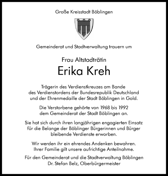 Traueranzeige von Erika Kreh von Kreiszeitung Böblinger Bote