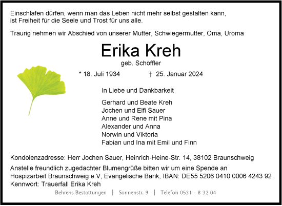 Traueranzeige von Erika Kreh von Kreiszeitung Böblinger Bote