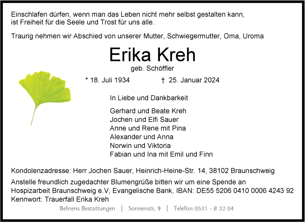  Traueranzeige für Erika Kreh vom 03.02.2024 aus Kreiszeitung Böblinger Bote