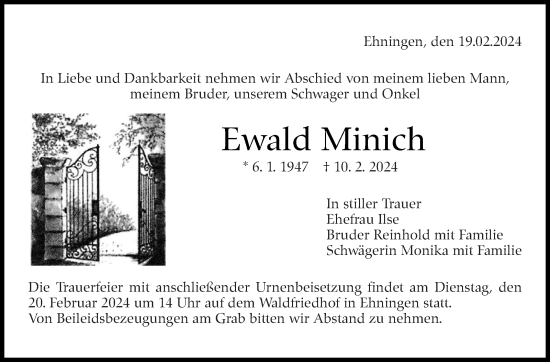 Traueranzeige von Ewald Minich von Kreiszeitung Böblinger Bote