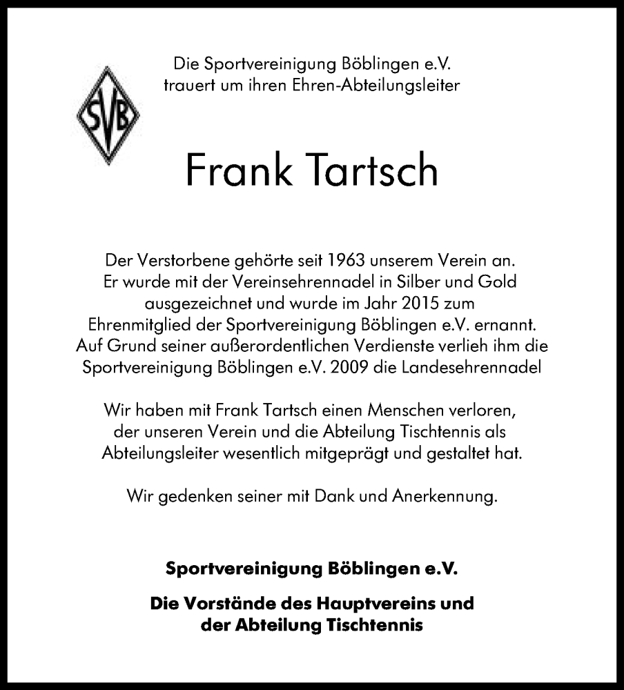  Traueranzeige für Frank Tartsch vom 27.02.2024 aus Kreiszeitung Böblinger Bote