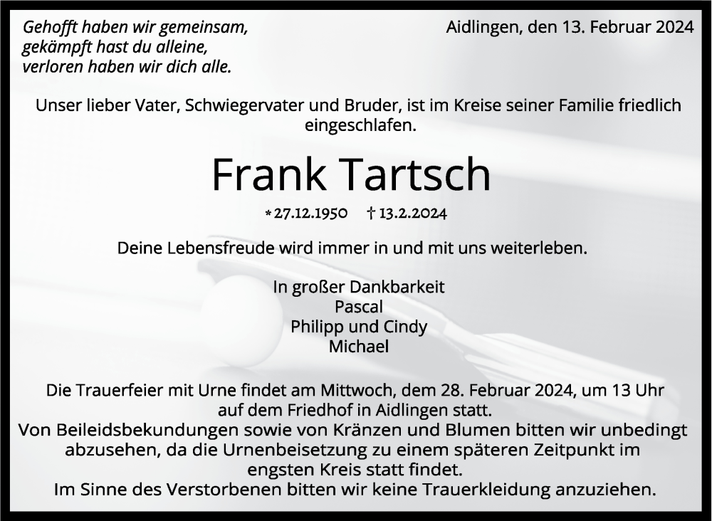  Traueranzeige für Frank Tartsch vom 22.02.2024 aus Kreiszeitung Böblinger Bote
