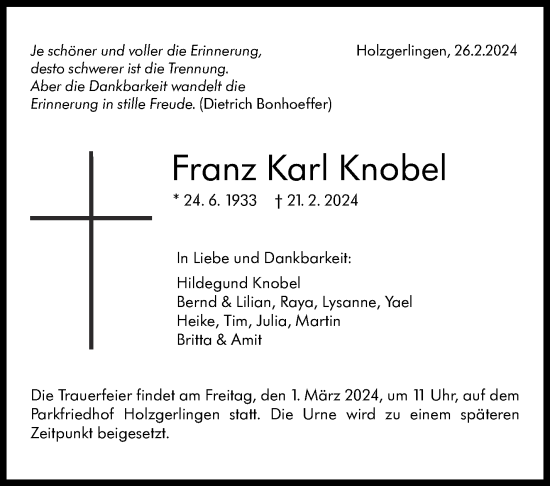 Traueranzeige von Franz Karl Knobel von Kreiszeitung Böblinger Bote