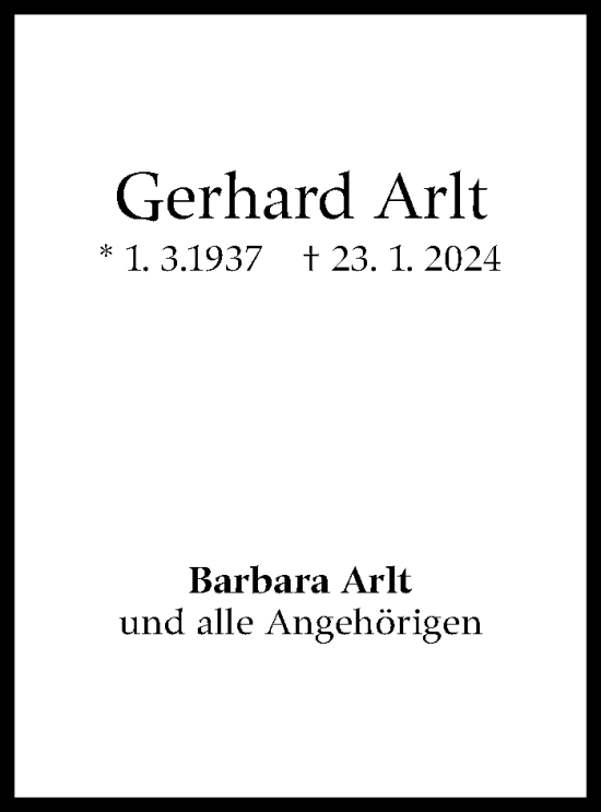 Traueranzeige von Gerhard Arlt von Kreiszeitung Böblinger Bote