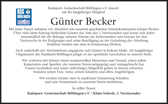 Traueranzeige von Günter Becker von Kreiszeitung Böblinger Bote