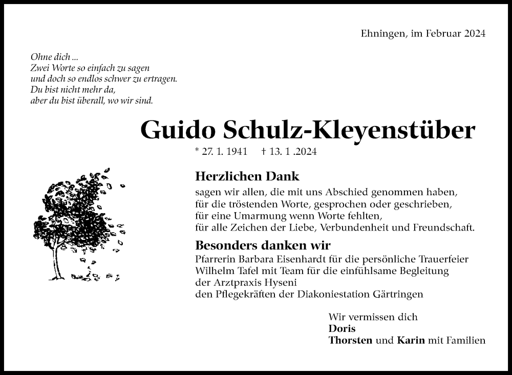  Traueranzeige für Guido Schulz-Kleyenstüber vom 06.02.2024 aus Kreiszeitung Böblinger Bote
