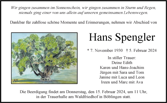 Traueranzeige von Hans Spengler von Kreiszeitung Böblinger Bote