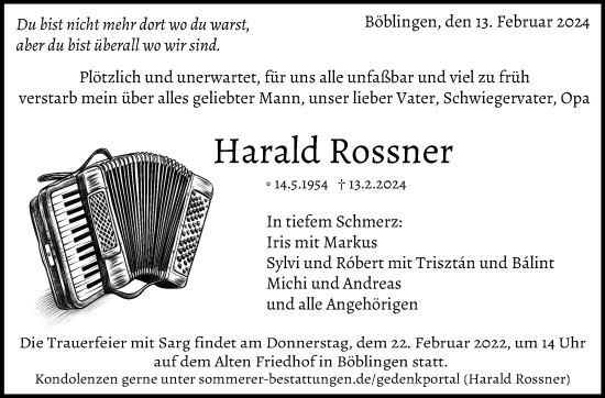 Traueranzeige von Harald Rossner von Kreiszeitung Böblinger Bote