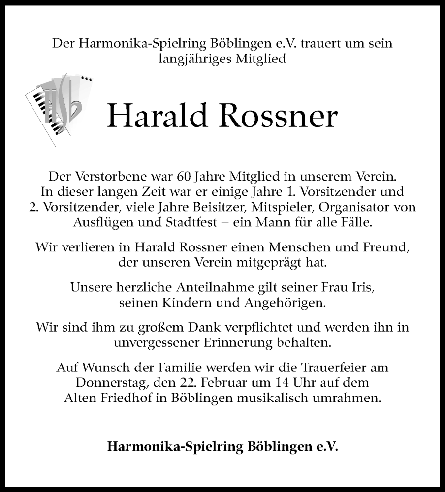  Traueranzeige für Harald Rossner vom 22.02.2024 aus Kreiszeitung Böblinger Bote