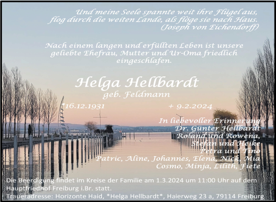 Traueranzeige von Helga Hellbardt von Kreiszeitung Böblinger Bote
