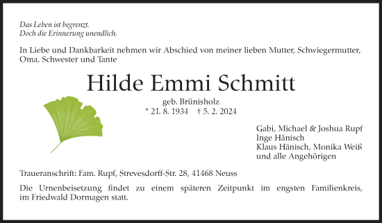 Traueranzeige von Hilde Emmi Schmitt von Kreiszeitung Böblinger Bote