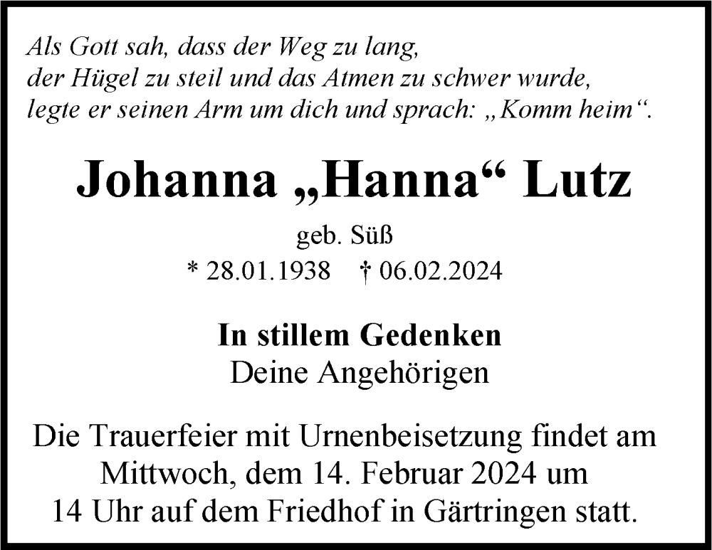  Traueranzeige für Johanna Lutz vom 10.02.2024 aus Kreiszeitung Böblinger Bote