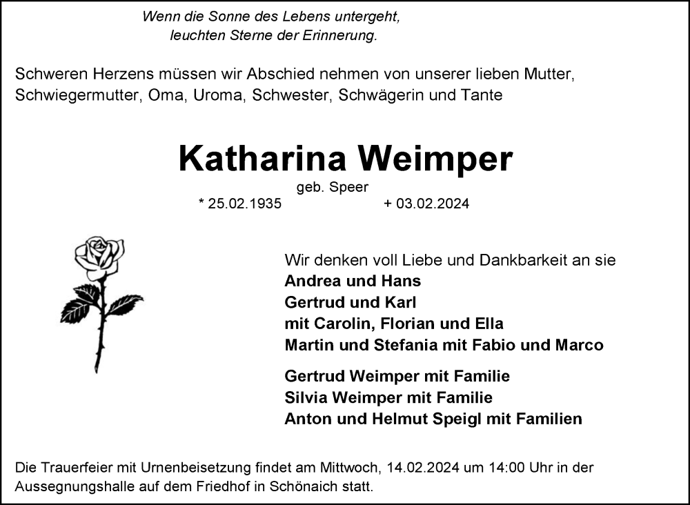  Traueranzeige für Katharina Weimper vom 09.02.2024 aus Kreiszeitung Böblinger Bote
