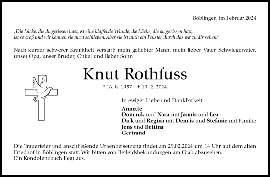 Traueranzeige von Knut Rothfuss von Kreiszeitung Böblinger Bote