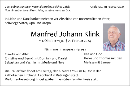 Traueranzeige von Manfred Johann Klink von Kreiszeitung Böblinger Bote