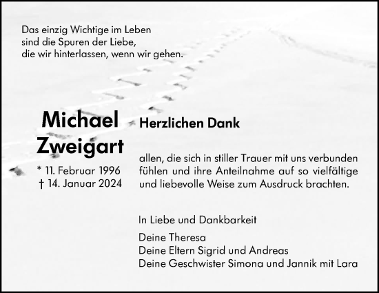 Traueranzeige von Michael Zweigart von Kreiszeitung Böblinger Bote