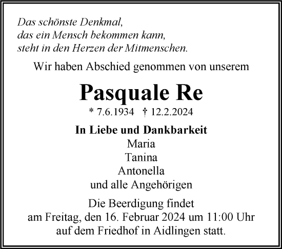 Traueranzeige von Pasquale Re von Kreiszeitung Böblinger Bote