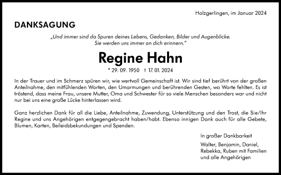 Traueranzeige von Regine Hahn von Kreiszeitung Böblinger Bote
