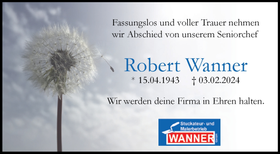 Traueranzeige von Robert Wanner von Kreiszeitung Böblinger Bote