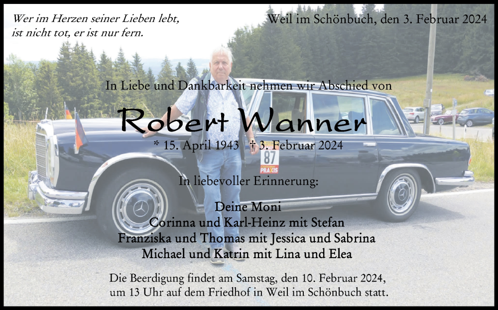  Traueranzeige für Robert Wanner vom 08.02.2024 aus Kreiszeitung Böblinger Bote