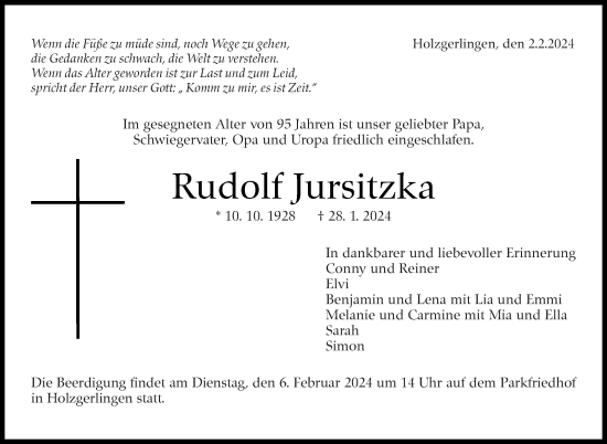 Traueranzeige von Rudolf Jursitzka von Kreiszeitung Böblinger Bote