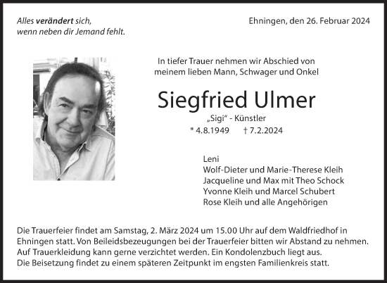 Traueranzeige von Siegfried Ulmer von Kreiszeitung Böblinger Bote