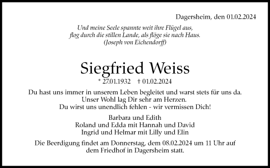 Traueranzeige von Siegfried Weiss von Kreiszeitung Böblinger Bote