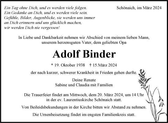 Traueranzeige von Adolf Binder von Kreiszeitung Böblinger Bote