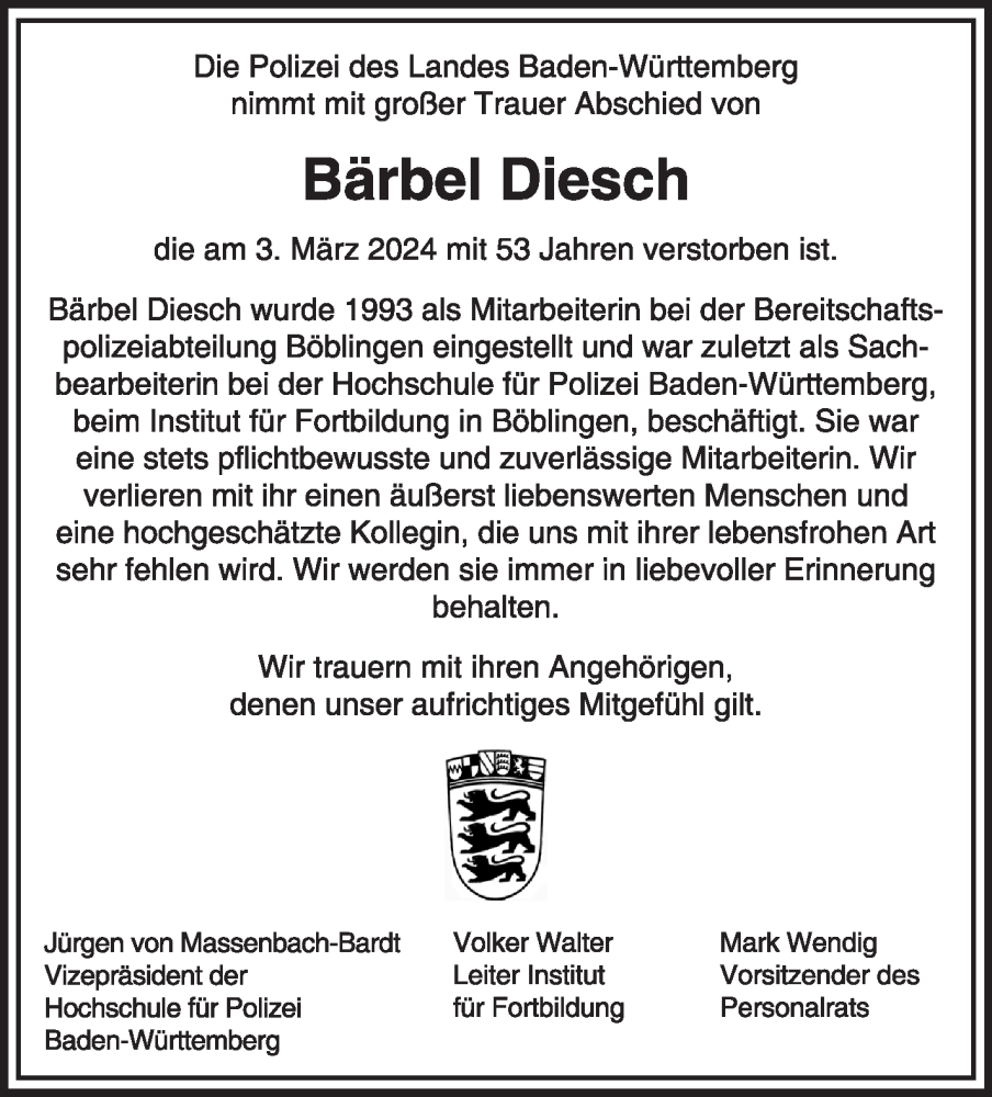  Traueranzeige für Bärbel Diesch vom 09.03.2024 aus Kreiszeitung Böblinger Bote