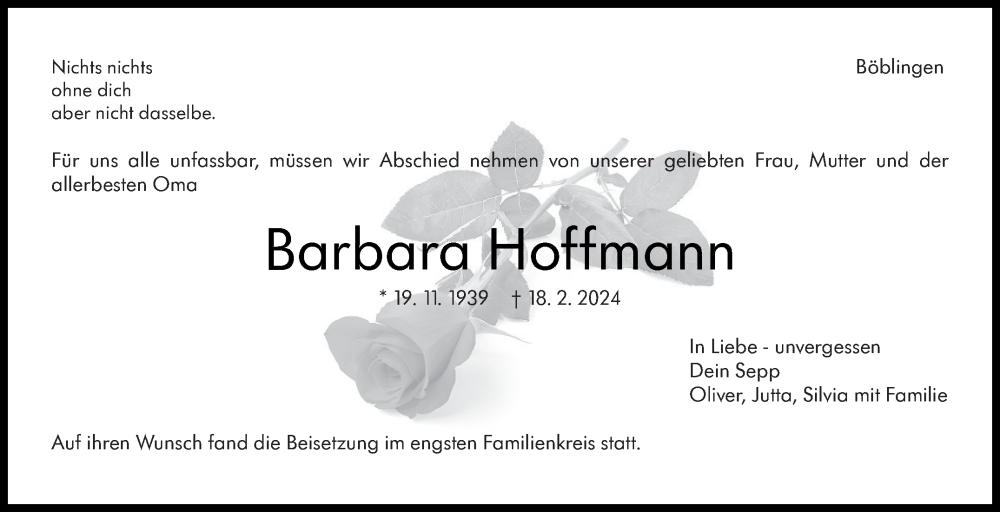  Traueranzeige für Barbara Hoffmann vom 13.03.2024 aus Kreiszeitung Böblinger Bote