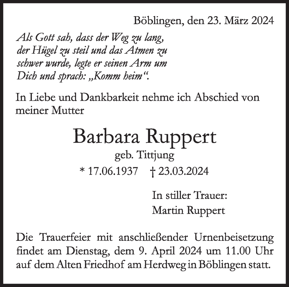  Traueranzeige für Barbara Ruppert vom 27.03.2024 aus Kreiszeitung Böblinger Bote