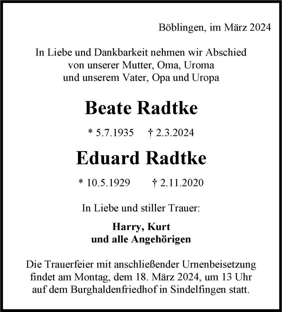  Traueranzeige für Beate und Eduard Radtke vom 11.03.2024 aus Kreiszeitung Böblinger Bote
